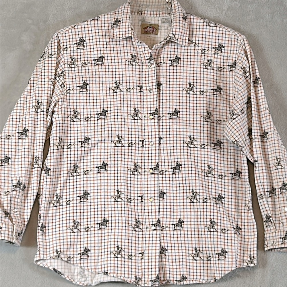 Vintage Barnfly plaid western horse print, rodeo pearl snap down shirt large
